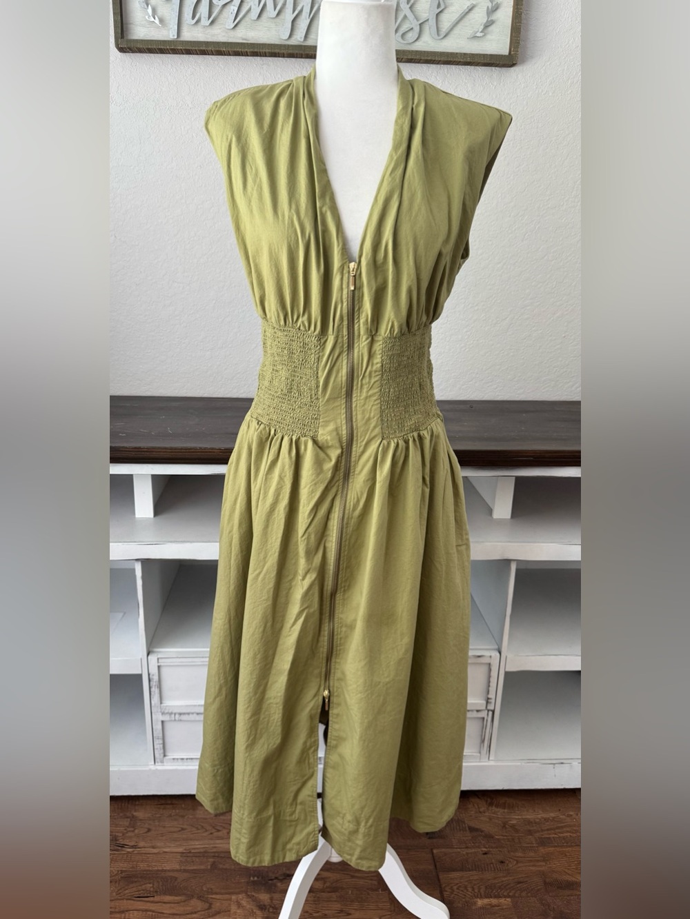Anthropologie The Tommie Zip Front Smocked Midi Dress Green Size L EE